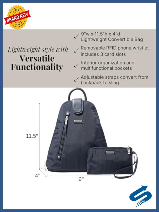 Convertible Backpack Sling Bag with RFID Wristlet - Lightweight Nylon Travel